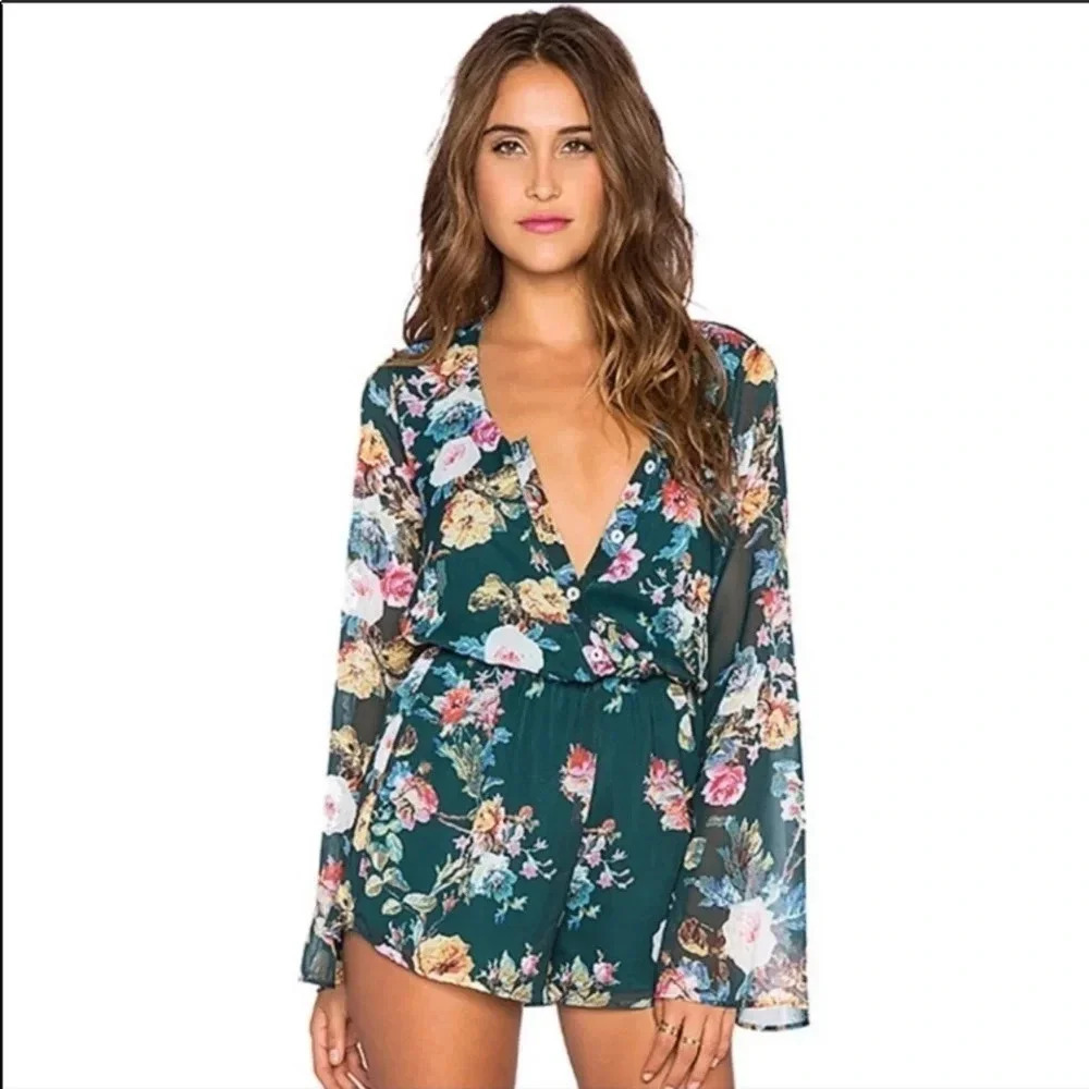 Show Me Your Mumu Red Rocks Romper Floral Lined Bell Sleeve Size XS